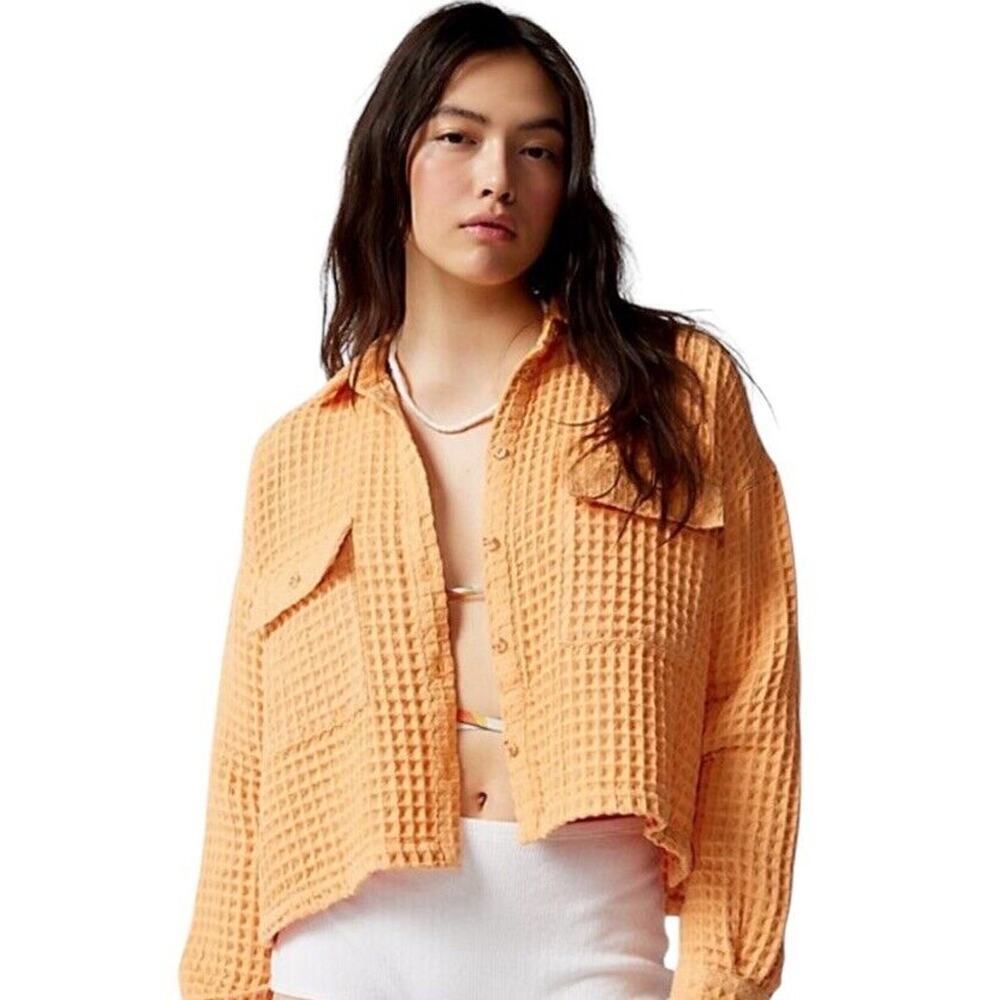 BDG Urban Outfitters Stanley Cropped Waffle Knit Top Women M Orange Oversized